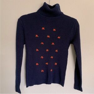 Vintage 60s navy w/ red embroidered flowers stretch turtle neck sweater size XS